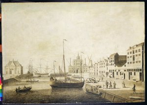 Udsigt over Leuvehaven (grisaille) af Adriaen or Abraham Salm