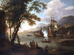 En capriccio af en middelhavshavn med skibsfart, købmænd og havnearbejdere