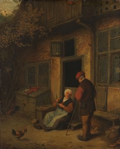 En kvinde, der renser sild foran sit hus af Adriaen van Ostade (copy after)