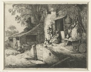 Spindende kvinde foran et hus Den snurrende kvinde ved døren af Adriaen van Ostade (signed by artist)
