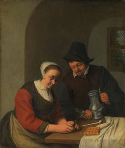 En fortrolig chat Et par i et interiør af Adriaen van Ostade