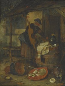 En stuepige ved en dør med en tønde og grøntsager af Adriaen Jansz. van Ostade
