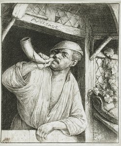 Bager, der blæser i sit horn af Adriaen van Ostade