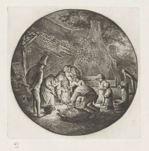 Landmandsfamilie ved slagtning af en gris af Adriaen van Ostade