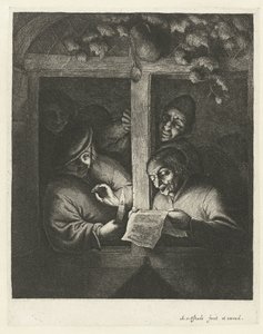 Tre mænd synger fra et ark papir ved levende lys i et åbent vindue retorikerne af Adriaen van Ostade