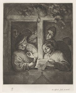 Tre mænd synger fra et ark papir ved levende lys i et åbent vindue af Adriaen van Ostade