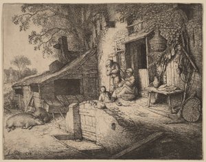 Gård med en bondefamilie uden for hoveddøren, kvinden spinder af Adriaen van Ostade