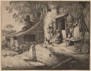 Gård med en bondefamilie foran hoveddøren, kvinden spinder af Adriaen van Ostade