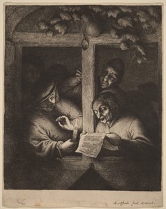 Fire mænd ved et vindue, én læser fra et ark ved stearinlys af Adriaen van Ostade