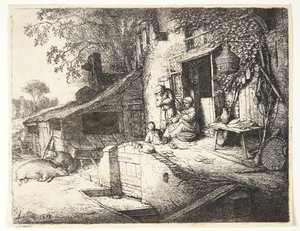 Kvinde, som spinder foran et bondehus af Adriaen van Ostade