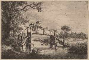 Landskab med en bro og to fiskere af Adriaen van Ostade