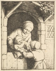 Lille pige leger med en baby i sin mors arme, 1610-85.