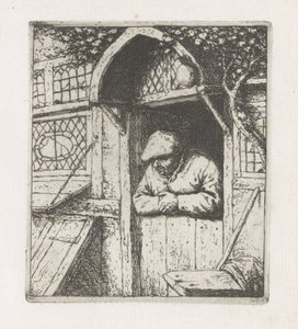 Mand læner sig op ad en bunddør af Adriaen van Ostade