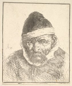 Gammel mand med hvid krave og spids hat af Adriaen van Ostade