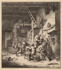 Bonde familie i et interiør med moderen, der mader et barn af Adriaen van Ostade
