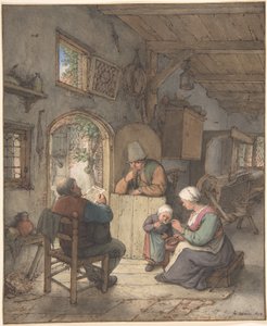 Læsning af nyheder i vævernes hytte af Adriaen van Ostade