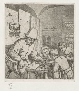 Skoleholder med tre elever ved bordet af Adriaen van Ostade