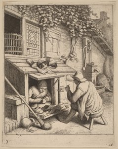En ryger på en skammel i samtale med en skomager, der er i gang med sit arbejde af Adriaen van Ostade