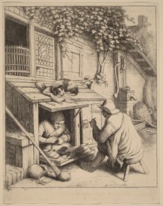 Ryger på en skammel i samtale med en arbejdende skomager af Adriaen van Ostade