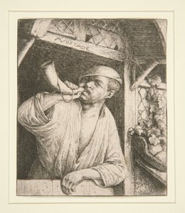 Bageren, der blæser i sit horn af Adriaen van Ostade