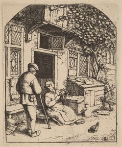 To bønder uden for et hus, kvinden vinder uld af Adriaen van Ostade