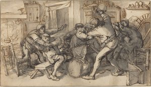 Bønder kæmper i et værtshus af Adriaen van Ostade and Cornelis Dusart