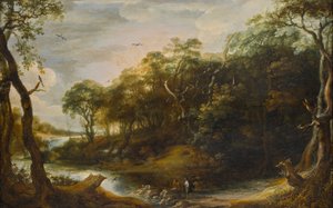 Landskab med englen Raphael og Tobais, der skærer fisken op (Tobit 6,1-5)
