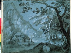 Landskab af en bjergsø med en mølle (Landskab med en mølle ved bjergsøen). Tegning af Adriaen Van Stalbemt (1580-1662). Grisaille på papir