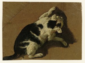 Kat, der leger nær en væg af Adriaen van de Velde (attributed to)