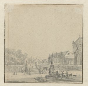 Forgård til et palads med et springvand af Adriaen van de Velde (possibly)