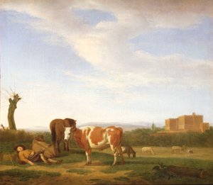 Et pastoralt landskab med en sovende hyrde, 1600-tallet