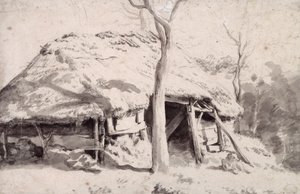 En fårefold i skoven (kridt og vask) af Adriaen van de Velde