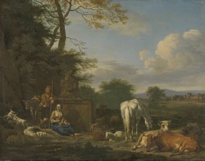 Arkadisk landskab med hvilende hyrder og dyr, 1664 (olie på lærred på panel) af Adriaen van de Velde