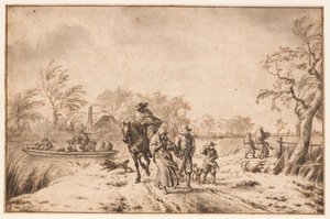 Efterårslandskab med rejsende og færge af Adriaen van de Velde