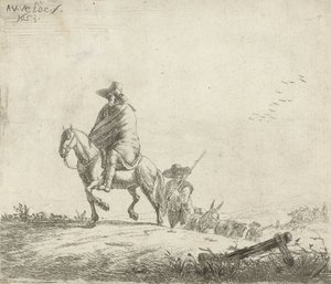 Rytter og hyrde med kvæg på en jordvej, 1653