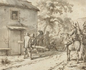 Soldater tvinger en dør, 1669 (pen- og blæktegning) af Adriaen van de Velde