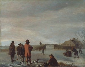 Vinterscene med en gruppe golfspillere på en frossen flod, ca. 1654-72 (olie på panel) af Adriaen van de Velde