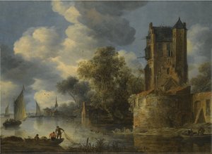 Flodlandskab med en bastion af Adriaen van der Cabel