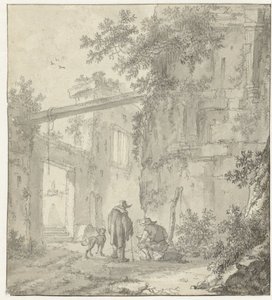 Udsigt over gamle ruiner med en tegner, hans ledsager og en hund