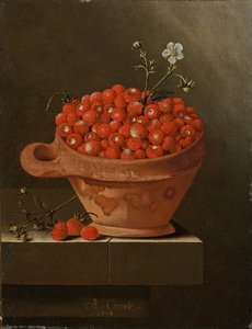 Stilleben med jordbær i en lerkrukke, 1704 af Adrian Coorte