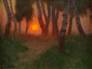 Solnedgang i et skovklædt landskab (olie på panel) af Adrian Scott Stokes
