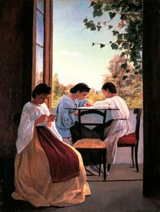 Broderierne af Adriano Cecioni (1836-1886), olie på lærred, 52x41 cm detalje