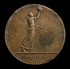 Urania går til højre, holder en globus og lyre [omvendt], 1488 eller senere.