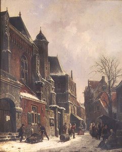 Et hollandsk gadebillede med figurer ved en kirke af Adrianus Eversen