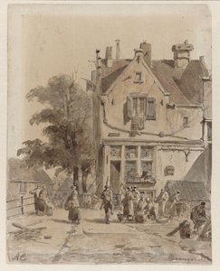 Udsigt over en bro over Baangracht i Amsterdam med mad af mad Baangracht (titel på objekt) af Adrianus Eversen