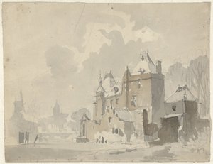 Udsigt over et forestillet(?) slot nær en by af Adrianus Eversen