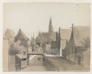 Udsigt over en kanal i Haarlem, i baggrunden St. Bavo Haarlem (titel på objekt) af Adrianus Eversen