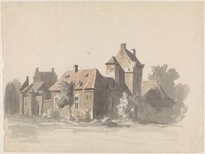 Udsigt over en gruppe huse med en byport(?) af Adrianus Eversen