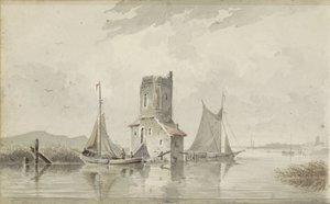 Flodlandskab med et tårn af Adrianus Eversen