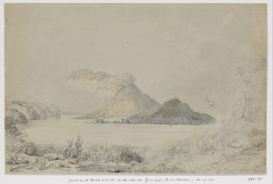 Udsigt fra Lontar på Banda Neira og rygning Gunungapi, Banda Islands, Central Maluku